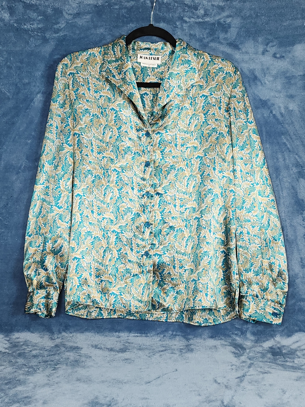 Joan Leslie Vintage Teal and Gold Floral Button-Up Blouse